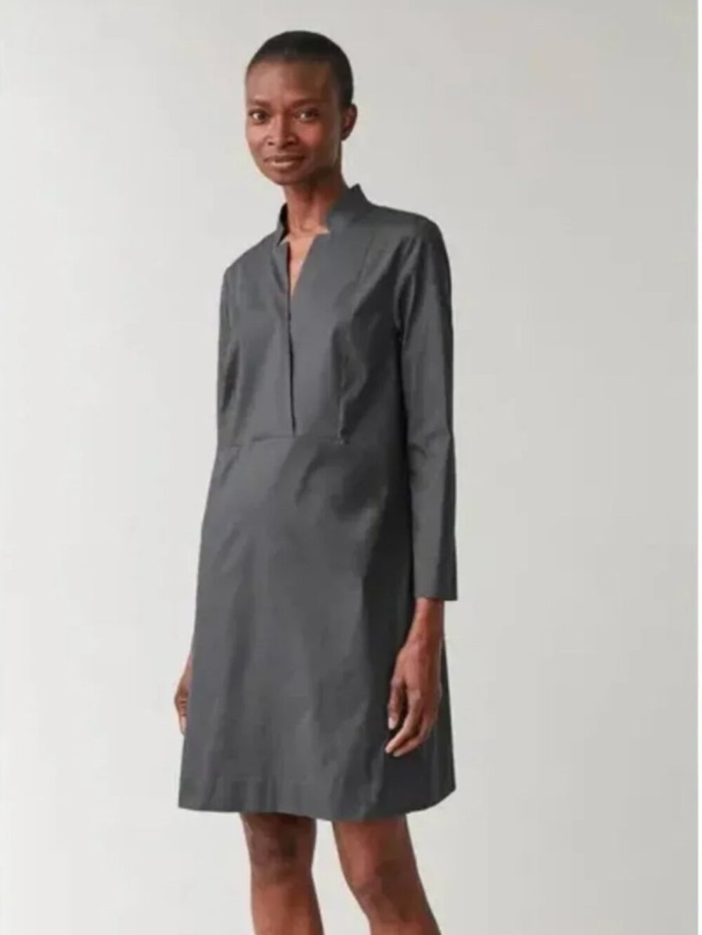 COS Gray Minimalist Lapel V-Neck Long Sleeve Shift Dress Size 6